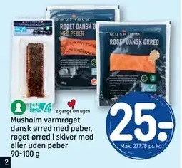 REMA 1000 Musholm varmrøget dansk ørred med peber, røget ørred i skiver med eller uden peber 90-100 g tilbud