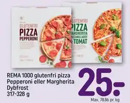 REMA 1000 REMA 1000 glutenfri pizza Pepperoni eller Margherita Dybfrost 317-328 g tilbud