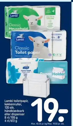 REMA 1000 Lambi toiletpapir, køkkenruller, 120 stk. håndklædeark eller dispenser 8 rl/705 g 4 rl/472 g tilbud
