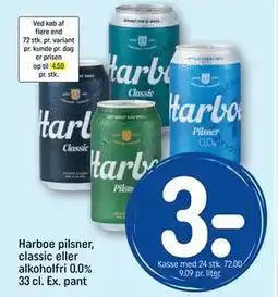 REMA 1000 Harboe pilsner, classic eller alkoholfri 0.0% 33 cl. Ex. pant tilbud