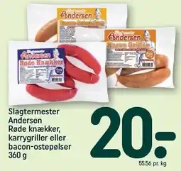 REMA 1000 Slagtermester Andersen Røde knækker, karrygriller eller bacon-ostepølser tilbud