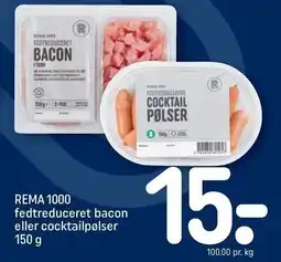REMA 1000 REMA 1000 fedtreduceret bacon eller cocktailpølser 150 g tilbud