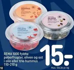 REMA 1000 REMA 1000 fyldte peberfrugter, oliven og ost i olie eller trio hummus 110-210 g tilbud