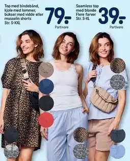 Top med bindebånd, kjole med lommer, bukser med vidde eller musselin shorts Str. S-XXL eller top
