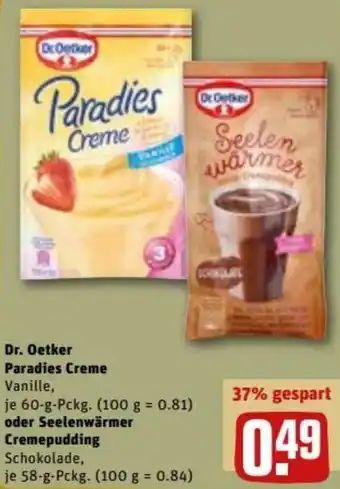 REWE DE Dr.Oetker Paradies Creme Oder Seelenwär Cremepudding tilbud