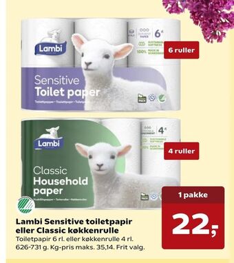 Kvickly Lambi Sensitive toiletpapir eller Classic køkkenrulle tilbud