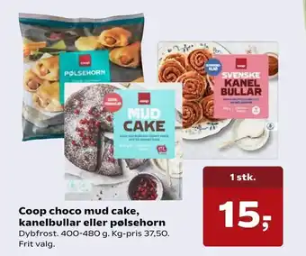 SuperBrugsen Coop choco mud cake, kanelbullar eller pølsehorn tilbud