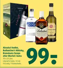 Coop 365 Absolut Vodka, Ballantine's Whisky, Brøndums Snaps eller Merlot i boks tilbud