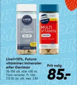 Bilka Livol+10%, Futura vitaminer/mineraler eller Gerimax tilbud