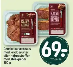 REMA 1000 Danske kalvesteaks med krydderurter eller højrebsbøffer med steakpeber 350 g tilbud