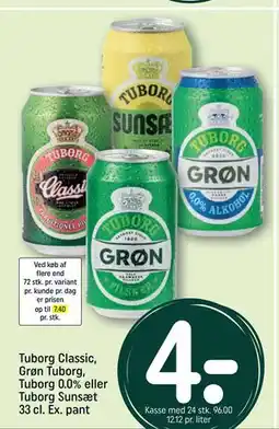 REMA 1000 Tuborg Classic, Grøn Tuborg, Tuborg 0.0% eller Tuborg Sunsæt 33 cl. Ex. pant tilbud