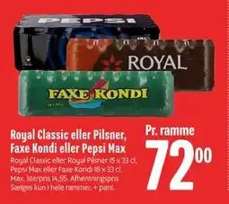 Min Købmand Royal Classic eller Pilsner, Faxe Kondi eller Pepsi Max tilbud