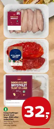 SuperBrugsen Coop kyllinge- bryst med lage, BBQ eller inderfilet tilbud