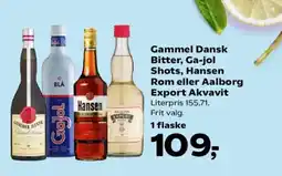 SuperBrugsen Gammel Dansk Bitter, Ga-jol Shots, Hansen Rom eller Aalborg Export Akvavit tilbud