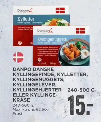 MENY Danpo danske kyllingepinde, kylletter, kyllingenuggets, kyllingelever, kyllinge hjerter eller kyllinge- kråse tilbud