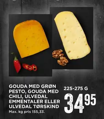 MENY Gouda med grøn pesto, gouda med chili, ulvedal emmentaler eller ulvedal tørskind tilbud
