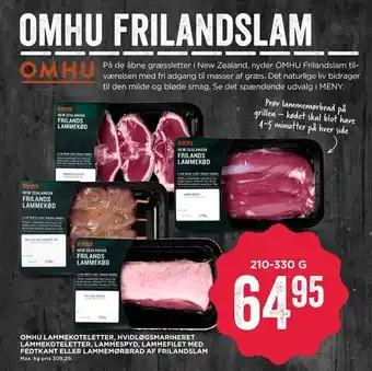 MENY Omhu lammekoteletter, hvidløgsmarineret lammekoteletter, lammespyd, lammefilet med fedtkant eller lammemørbrad af frilandslam tilbud