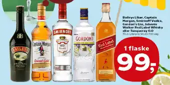 Kvickly Baileys Likør, Captain Morgan, Smirnoff Vodka, Gordon's Gin, Johnnie Walker Red Label Whisky eller Tanqueray 0.0 tilbud