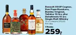 Kvickly Renault VSOP Cognac, Don Papa Masskara, Bumbu Original, Dalwhinnie 15 års Single Malt Whisky tilbud
