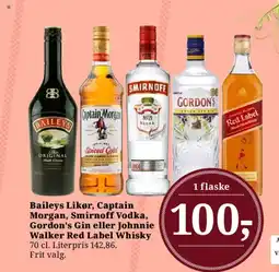 Dagli'Brugsen Baileys Likør, Captain Morgan, Smirnoff Vodka, Gordon's Gin eller Johnnie Walker Red Label Whisky tilbud