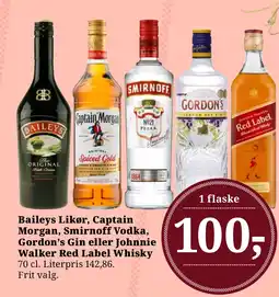 LokalBrugsen Baileys Likør, Captain Morgan, Smirnoff Vodka, Gordon's Gin eller Johnnie Walker Red Label Whisky tilbud