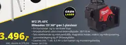 10-4 Byggecenter M12 3PL-601C Milwaukee 12V 360° grøn 3-planslaser tilbud
