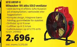 10-4 Byggecenter M18 ARFHP-0 Milwaukee 18V akku SOLO ventilator tilbud