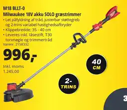 10-4 Byggecenter M18 BLLT-0 Milwaukee 18V akku SOLO græstrimmer tilbud