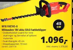 10-4 Byggecenter M18 FHET45-0 Milwaukee 18V akku SOLO hækkeklipper tilbud