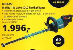 10-4 Byggecenter DUH601Z Makita 18V akku SOLO hækkeklipper tilbud