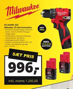10-4 Byggecenter M12 BLDDRC-203C Milwaukee 12V akku boremaskine tilbud