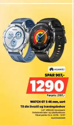 Power HUAWEI WATCH GT 5 46 mm, sort Til din livsstil og træningsbehov tilbud