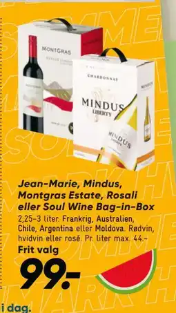 Bilka Jean-Marie, Mindus, Montgras Estate, Rosali eller Soul Wine Bag-in-Box, DKK 99 tilbud