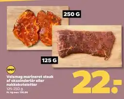 Netto Velsmag marineret steak af okseinderlår eller nakkekoteletter, DKK 22 tilbud