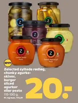 Netto Zelected syltede rødløg, chunky agurkeskiver, burger sliced agurker eller pesto, DKK 20 tilbud
