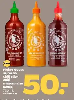 Netto Flying Goose sriracha chili eller chili mayonnaise sauce, DKK 50 tilbud