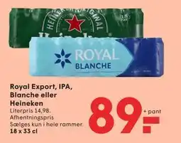 SPAR Royal Export, IPA, Blanche eller Heineken, DKK 89 tilbud