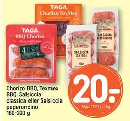 REMA 1000 Chorizo BBQ, Texmex BBQ, Salsiccia classica eller Salsiccia peperoncino 180-200 g, DKK 20 tilbud