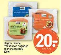 REMA 1000 Slagter Lampe frankfurter, ringrider eller cheese BBQ 320 g, DKK 20 tilbud
