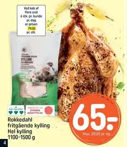 REMA 1000 Rokkedahl fritgående kylling Hel kylling 1100-1500 g, DKK 65 tilbud