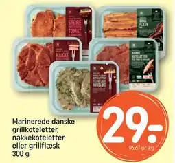 REMA 1000 Marinerede danske grillkoteletter, nakkekoteletter eller grillflæsk 300 g, DKK 29 tilbud