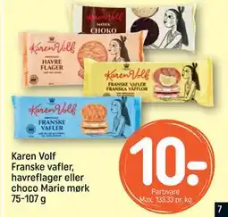 REMA 1000 Karen Volf Franske vafler, havreflager eller choco Marie mørk 75-107 g, DKK 10 tilbud