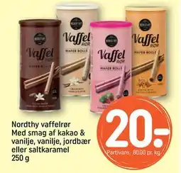 REMA 1000 Nordthy vaffelrør Med smag af kakao & vanilje, vanilje, jordbær eller saltkaramel 250 g, DKK 20 tilbud