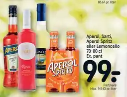 REMA 1000 Aperol, Sarti, Aperol Spritz eller Lemoncello 70-80 cl Ex. pant, DKK 99 tilbud