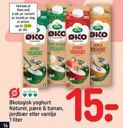 REMA 1000 Økologisk yoghurt Naturel, pære & banan, jordbær eller vanilje 1 liter, DKK 15 tilbud