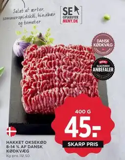 MENY HAKKET OKSEKØD 8-14 % AF DANSK KØDKVÆG, DKK 45 tilbud