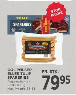 MENY GØL PØLSER ELLER TULIP SPARERIBS, DKK 79.95 tilbud