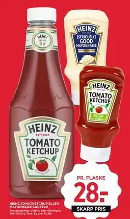 MENY HEINZ TOMATKETCHUP ELLER MAYONNAISE SQUEEZE, DKK 28 tilbud