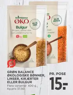 MENY GRØN BALANCE ØKOLOGISKE BØNNER, LINSER, KIKÆRTER ELLER BULGUR, DKK 15 tilbud