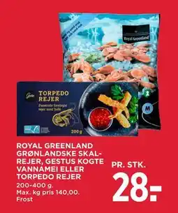 MENY ROYAL GREENLAND GRØNLANDSKE SKAL REJER, GESTUS KOGTE VANNAMEI ELLER TORPEDO REJER, DKK 28 tilbud
